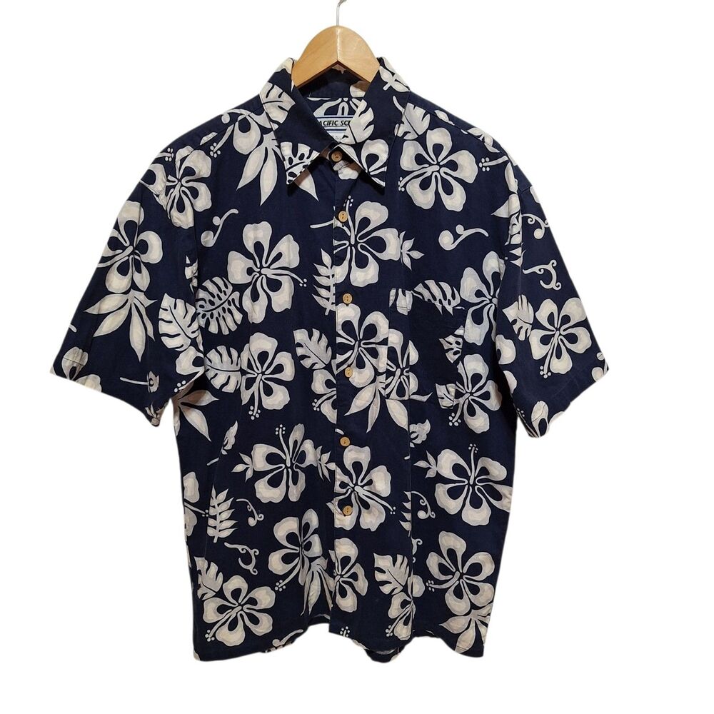 Pacific Scene Mens Hawaiian Print Short Sleeve Shirt Sz L Button Front‎ Cotton